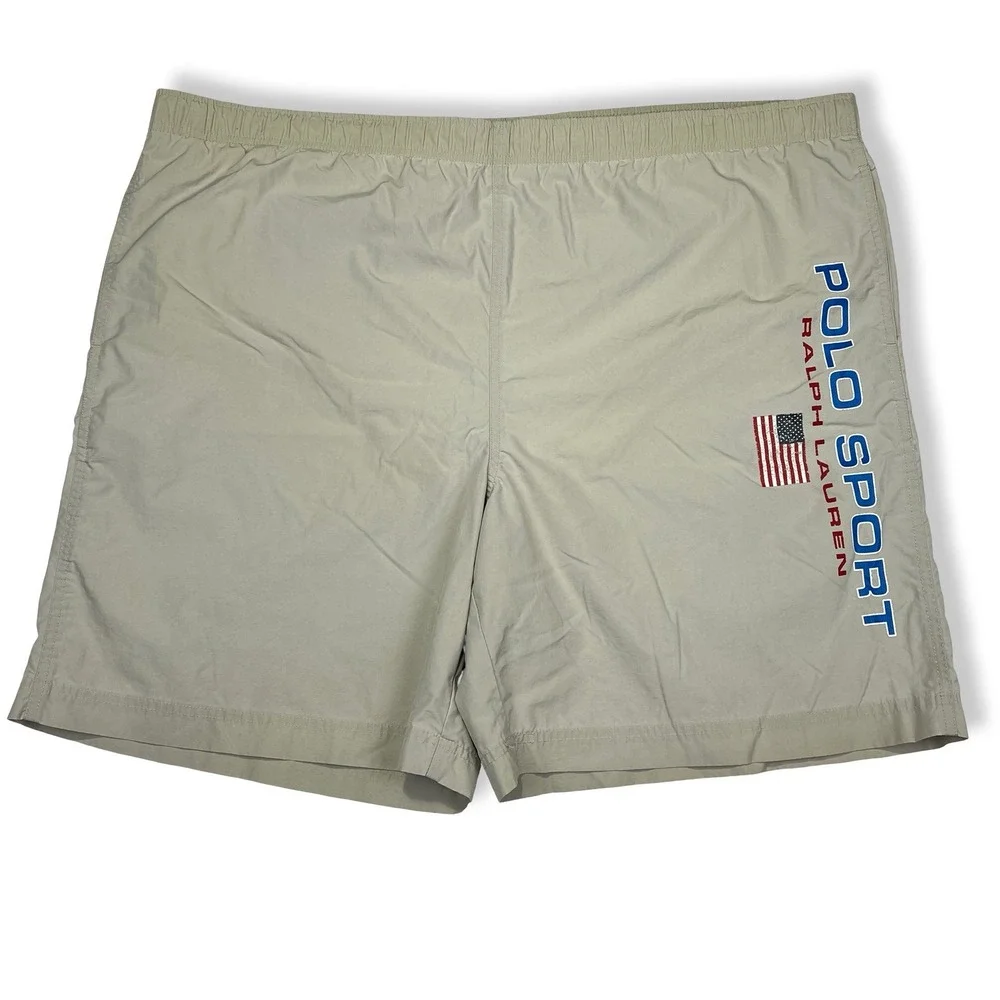 Vintage Polo Sport Ralph Lauren Mens XXL Tan Nylon Swim Trunks USA Flag Logo